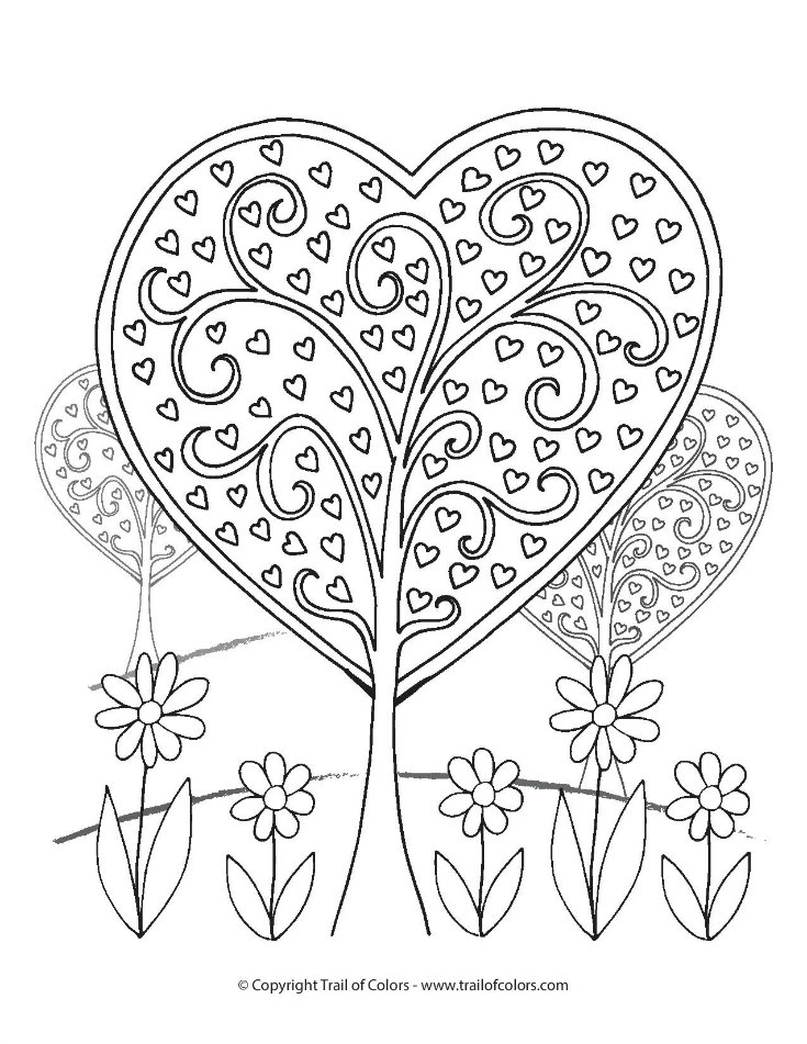 Lovely Heart Trees Valentines Day Coloring Page for Grown Ups and Kids